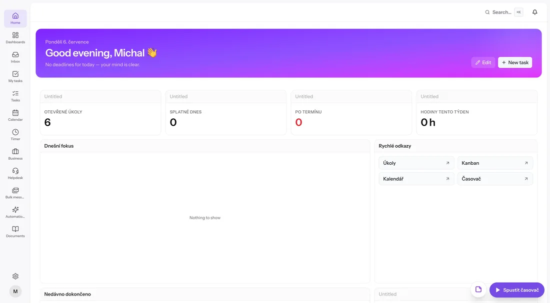 Oplero home dashboard with open tasks, hours this week and today's focus