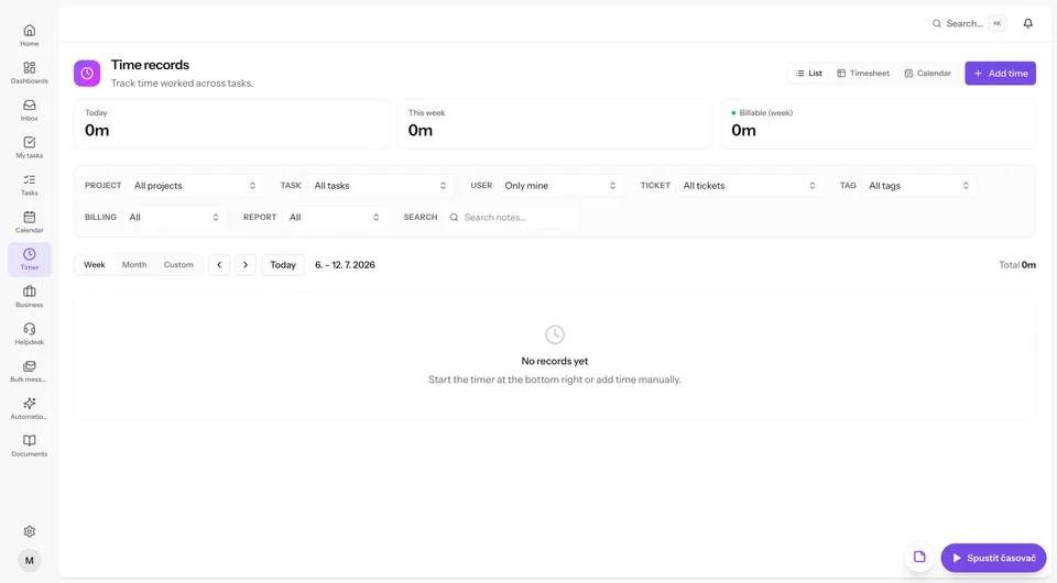 Time tracking screen with live timer, weekly summary and billable hours